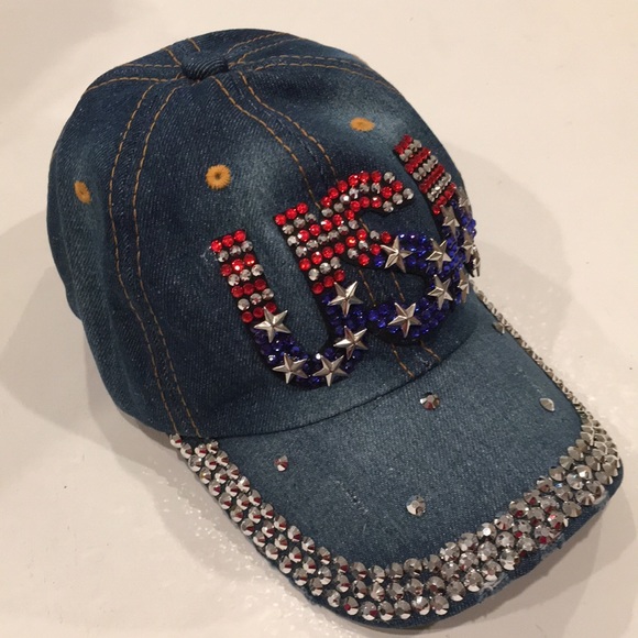 Rhinestone USA Flag Denim Baseball Hat - Picture 4 of 10